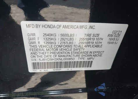 2022 Acura Mdx Standard z USA, uszkodzony, nr VIN 5J8YD9H3XNL000850